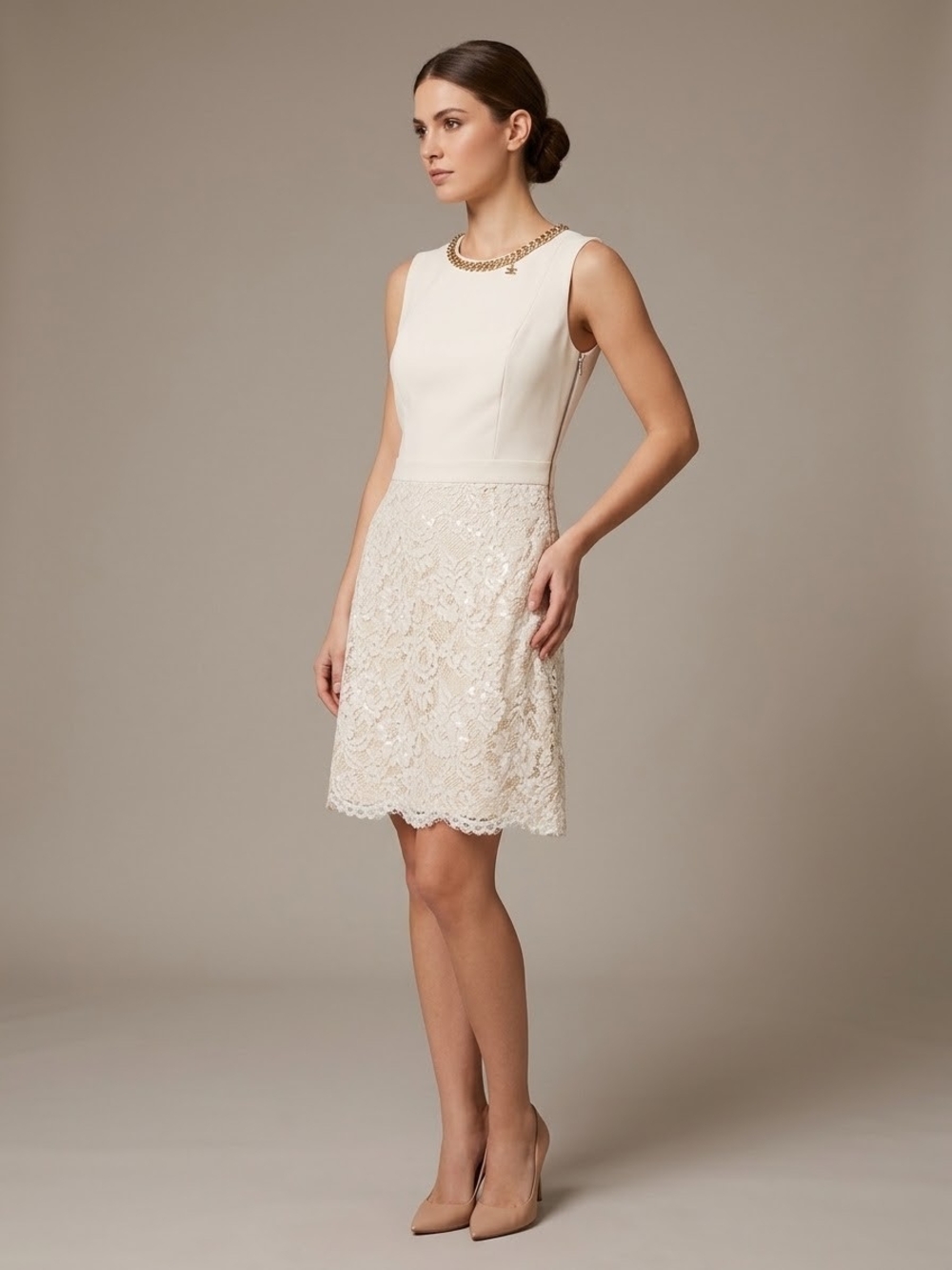 Sleeveless Cream Lace-Trim A-Line Dress - Brand